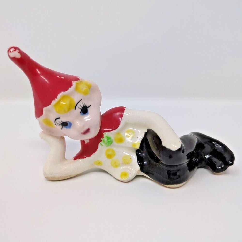 Vtg NORCREST Lying Christmas Elf Ceramic Figurine Blonde Pixie Polka Dot 248